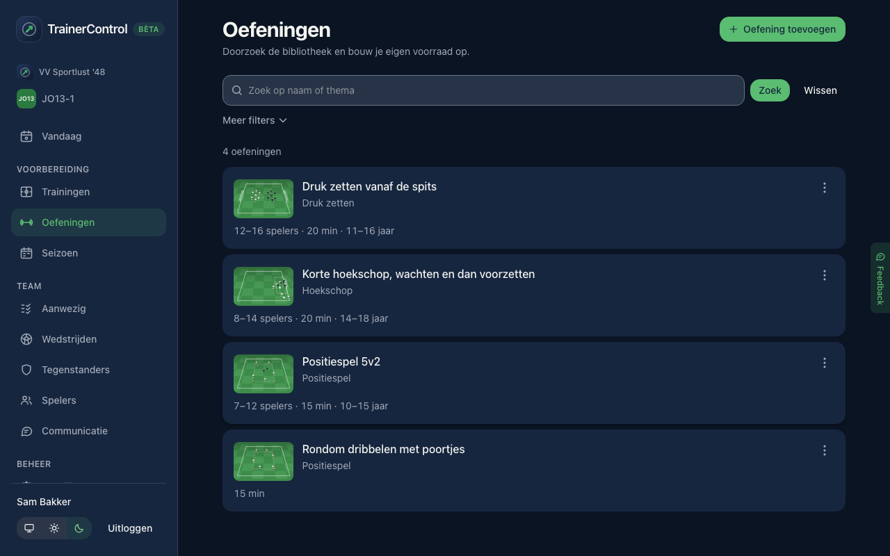 De oefeningenbibliotheek met velddiagrammen, zoals de assistent-trainer die ziet en bewerkt