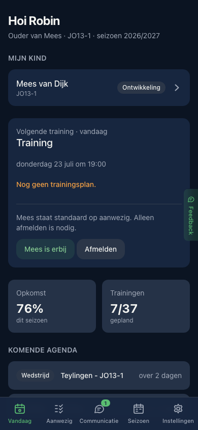 Het dashboard van de ouder: de kindkaart en afmelden voor de volgende training