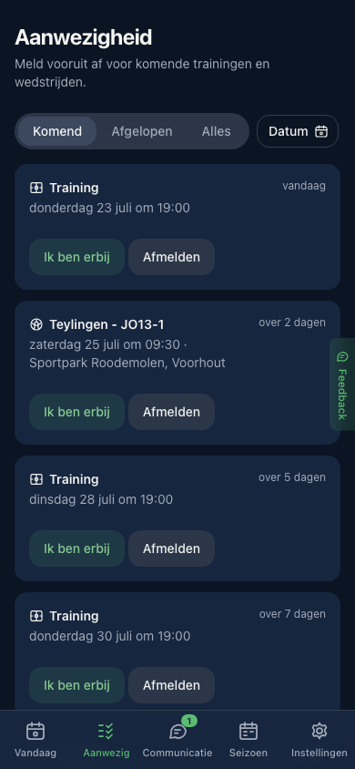De weergave van de speler: aan- of afmelden voor komende trainingen en wedstrijden